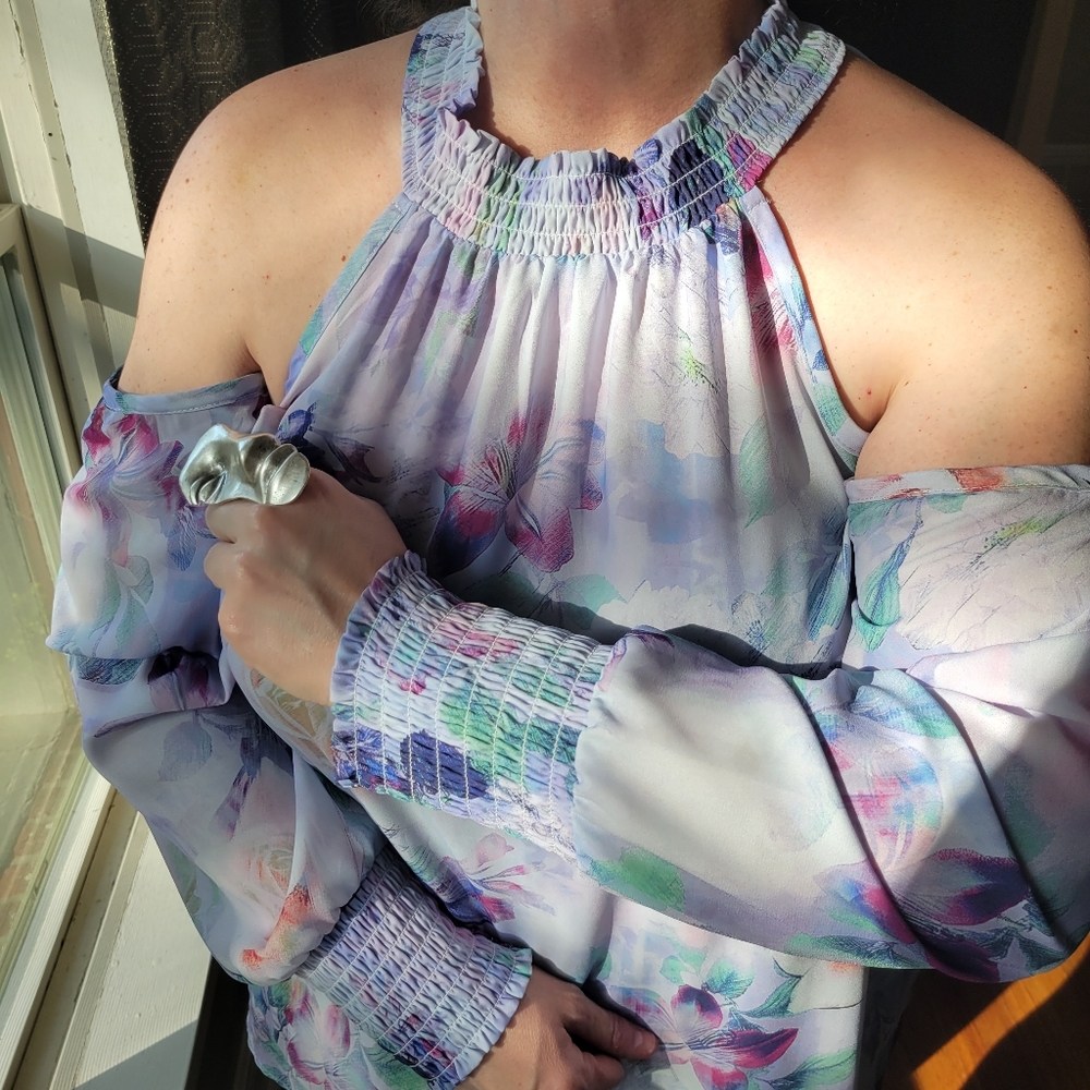 Torrid Georgette Smocked Neck Cold Shoulder Blouse Watercolor Floral Plus 3X